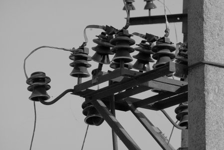 High voltage line visible protective supports, racks, cups, high voltage fusesの写真素材