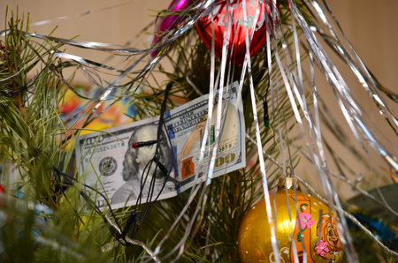 a person dresses up a Christmas tree for the New Year, balls are visible, other objects for the holidayの写真素材