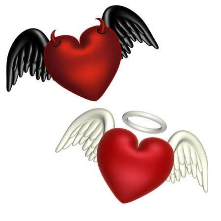 One heart with textured angel wings and a halo.  Another with black wings and horns. Isolated on a white background.の写真素材