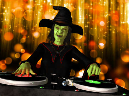 Wicked Witch DJ  A wicked witch is in the house and mixing up some Halloween horror   Turntables with vinyl albums の写真素材