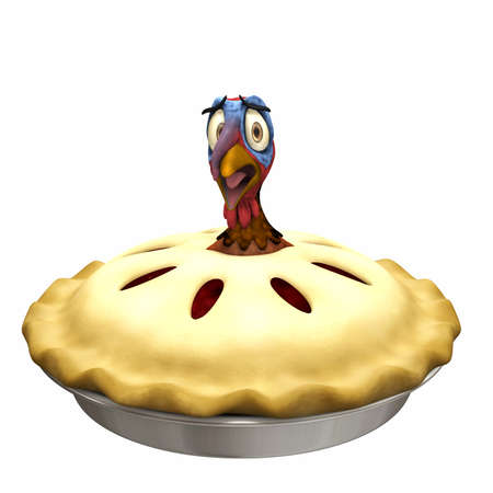 Turkey Pot Pie: A scared cartoon turkey with his head and neck sticking out of a turkey pot pie. Isolated on a white background.の写真素材