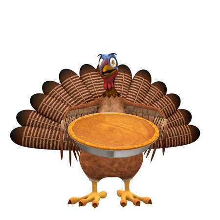 Toon Turkey - Pumpkin Pie: A smiling cartoon turkey holding out a pumpkin pie. Isolated on a white background.の写真素材