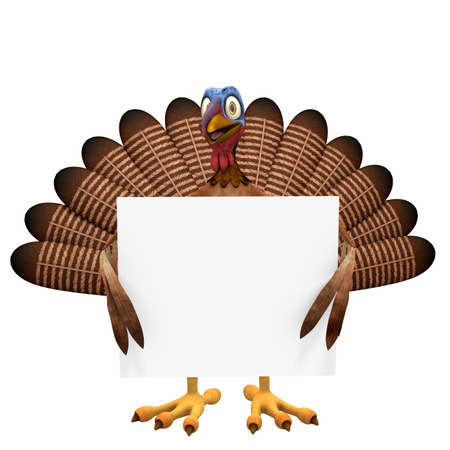 Toon Turkey Sign: A smiling cartoon turkey holding a blank sign. Isolated on a white background.の写真素材