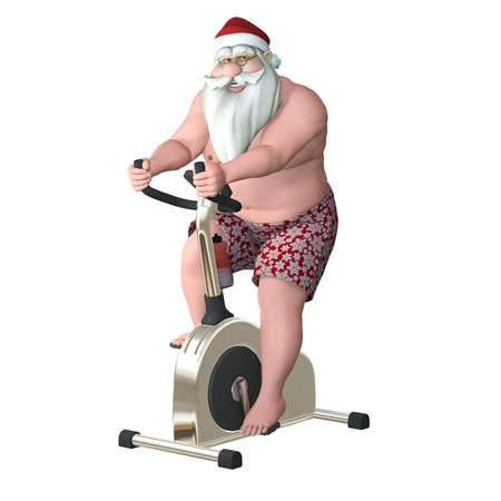 Santa Fitness - Stationary Bike  Santa exercising on a stationary bike trainer  Isolatedの写真素材