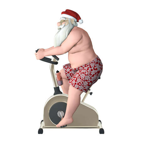 Santa Fitness - Stationary Bike Profile  Santa exercising on a stationary bike trainer  Profile view  Isolatedの写真素材