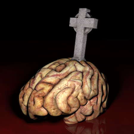 Brain Dead - an unhealthy brain laying in blood with a gravestone marker.の写真素材
