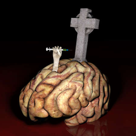 Brain Dead - Drugs - an unhealthy brain laying in blood, an arm thrust out with a hand clutching a needle full of drugs, and a gravestone marker.の写真素材