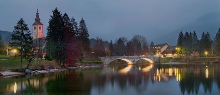 Night panorama of lake Bohinj with church.の写真素材