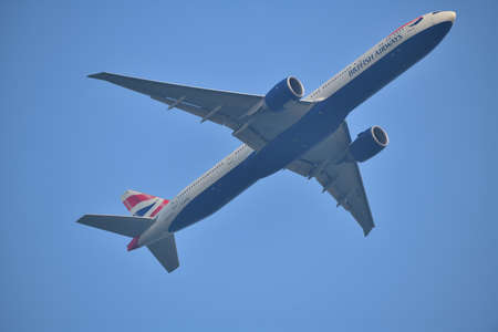 Hong Kong, China - March 16th 2018 : British Airways Boeing 777-36N aircraft on the flight path...