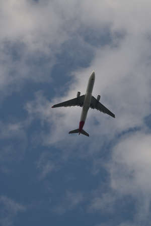 Hong Kong, China - March 13th 2018: Qantas aircraft pictured from below on the flight path into Hong...