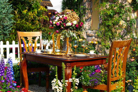 Luxury Garden Table setting for a coupleのeditorial素材