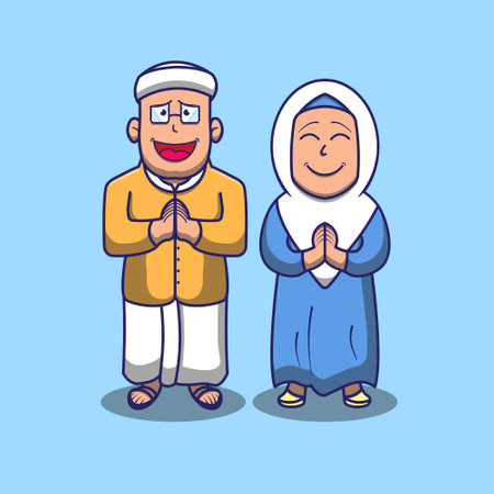 Vector cute father and mother moslem celebrating eid adha and eid mubarak with smileのイラスト素材