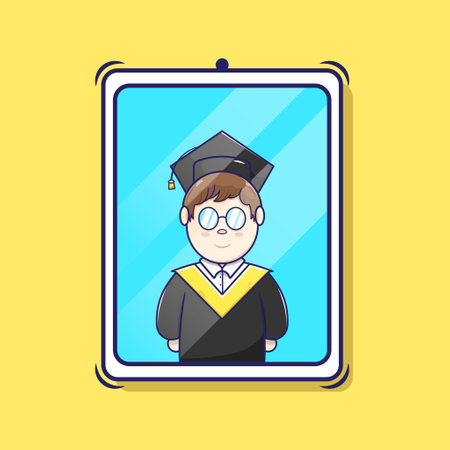 Flat vector cute boy graduation cartoon illustration. cool boy graduation icon concept isolated. flat cartoon style.のイラスト素材