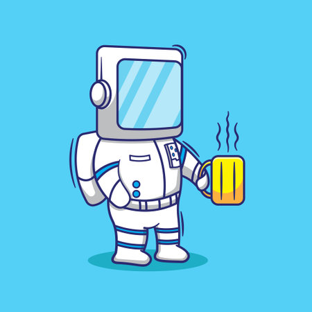 Flat vector astronout drink coffee cartoon mascot illustration. scicence and technology conceptのイラスト素材
