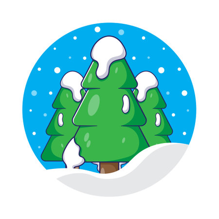Pine tree stickers vector illustration with snow fall background. beautiful scenery in winter seasonsのイラスト素材