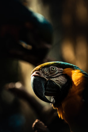 Beautiful macaw parrot sitting on a branch in a zoo