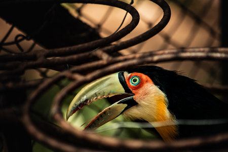 A closeup shot of a toucan in a cage with a blurred background