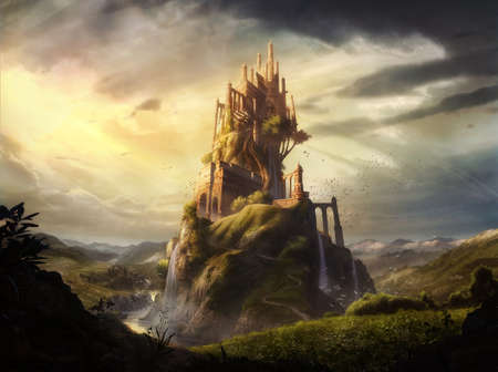 digital illustrated of dreamy castle palace tower fortress in nature kingdom landscapeの写真素材