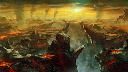 digital illustration of fantasy environment background in hell with larva
