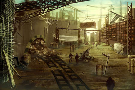 digital illustration of futuristic science fiction industrial camping site scene at dawn sunriseの写真素材