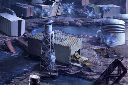 digital illustration of children style of destroyed abandoned city port warehouse storage buildingの写真素材