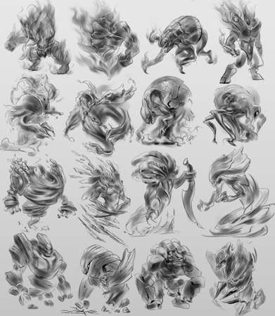 2d digital illustration character design concept of fantasy fictional full figure of fire water wind earth metal elements creatureの写真素材
