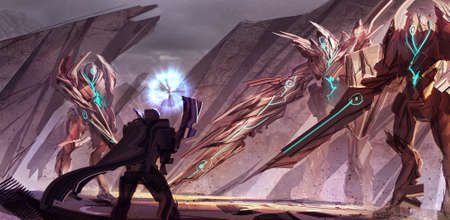 2d digital illustration environment design concept of fantasy fictional adventure traveler warrior solider fighting with evil ancient giant creature monster in open battle fieldの写真素材