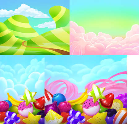mobile game stylist cute dreamy background with clouds mountain in fantasy world environmentの写真素材