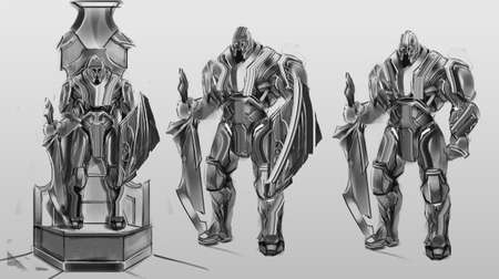 2d digital illustration character design concept of fantasy soldier warrior melee type full figure element front and back with weapon in handの写真素材