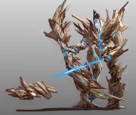 2d digital illustration character design concept of fantasy soldier warrior melee type full figure element front  with weapon in hand in colorの写真素材