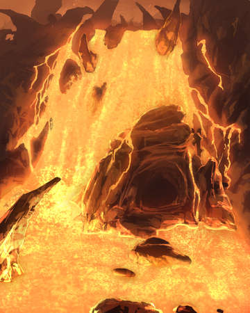 digital illustration of fantasy underground stalactites cave tunnel system with lava