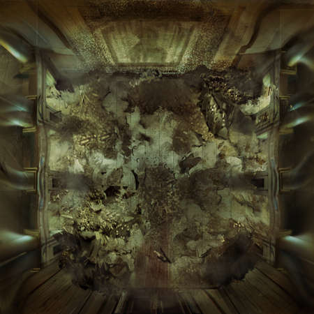 digital illustration of abandoned destroyed hall courtyard station look downの写真素材