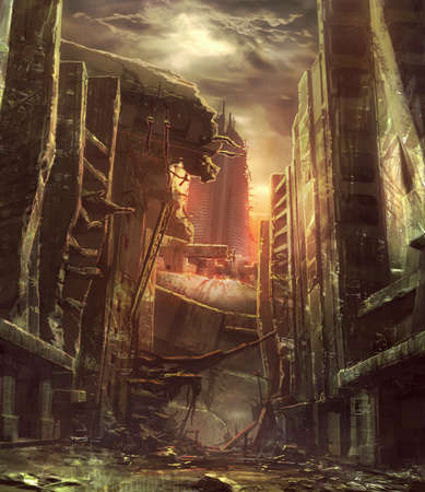 digital illustration of destroyed abandoned city street view environment landscapeの写真素材