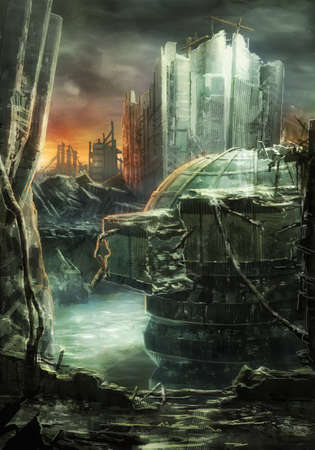 digital illustration of destroyed abandoned city street landscape view environmentの写真素材