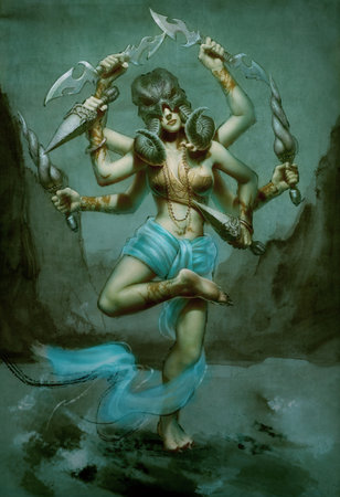 digital illustration of realistic eastern hindu tibetan buddhism goddess Saraswati Durga Devi Shakti...