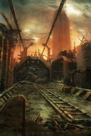 digital illustration of destroyed abandoned city street view environment landscape with train track railwayの写真素材
