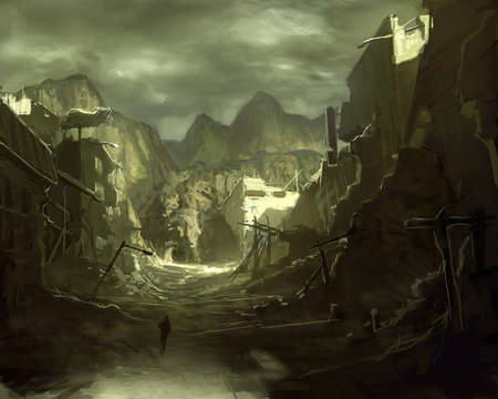 digital illustration of destroyed abandoned city street landscape view environmentの写真素材