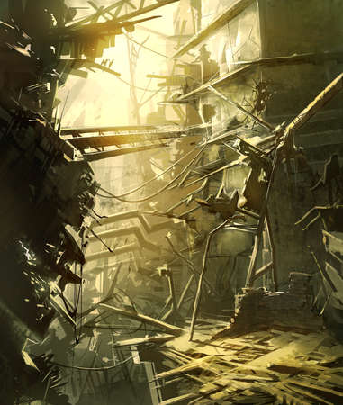digital illustration of destroyed abandoned city street view environment landscapeの写真素材