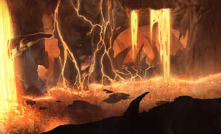digital illustration of fantasy underground stalactites cave tunnel system with lavaの写真素材