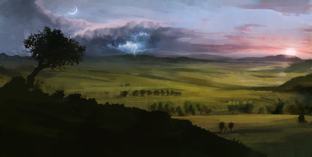 digital painting grassland with thunder sunrise and moon nightの写真素材