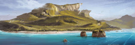 digital illustration of a small island with rainbow and waterfall from cliffの写真素材