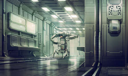 digital illustration of futuristic room corridor with a cyborg robotの写真素材
