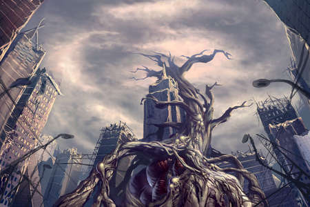 digital illustration of huge dying sick tree monster creature with blood vessel in destroyed abandoned city street view environment landscapeの写真素材