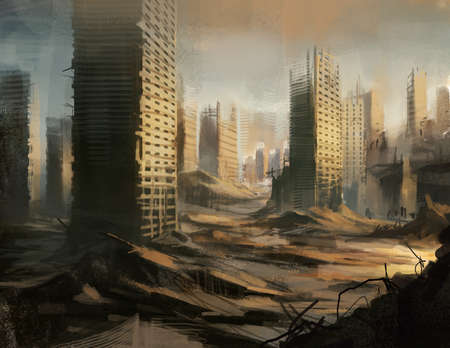 digital illustration of destroyed city landscapeの写真素材