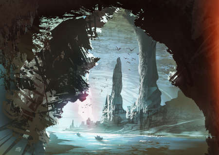 digital illustration of underground stalactites cave tunnel systemの写真素材