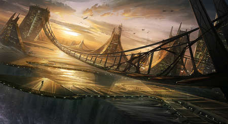 digital illustration of futuristic science fiction city building with abstract structure environment landscapeの写真素材