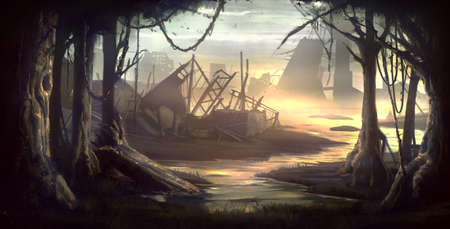 digital illustration of destroyed abandoned city street view environment landscape in middle of lakeの写真素材