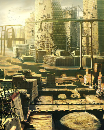 digital illustration of destroyed abandoned city street view environment landscapeの写真素材