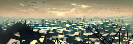 digital illustration of destroyed abandoned city street view environment landscapeの写真素材