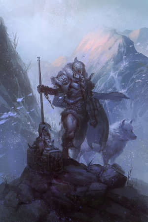 digital illustration of fantasy male man character of viking holding huge hammer and wolf in backの写真素材